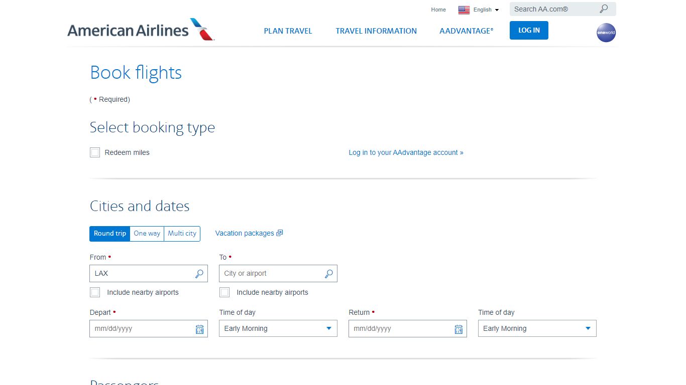 Book round trip, one way, multi city - American Airlines